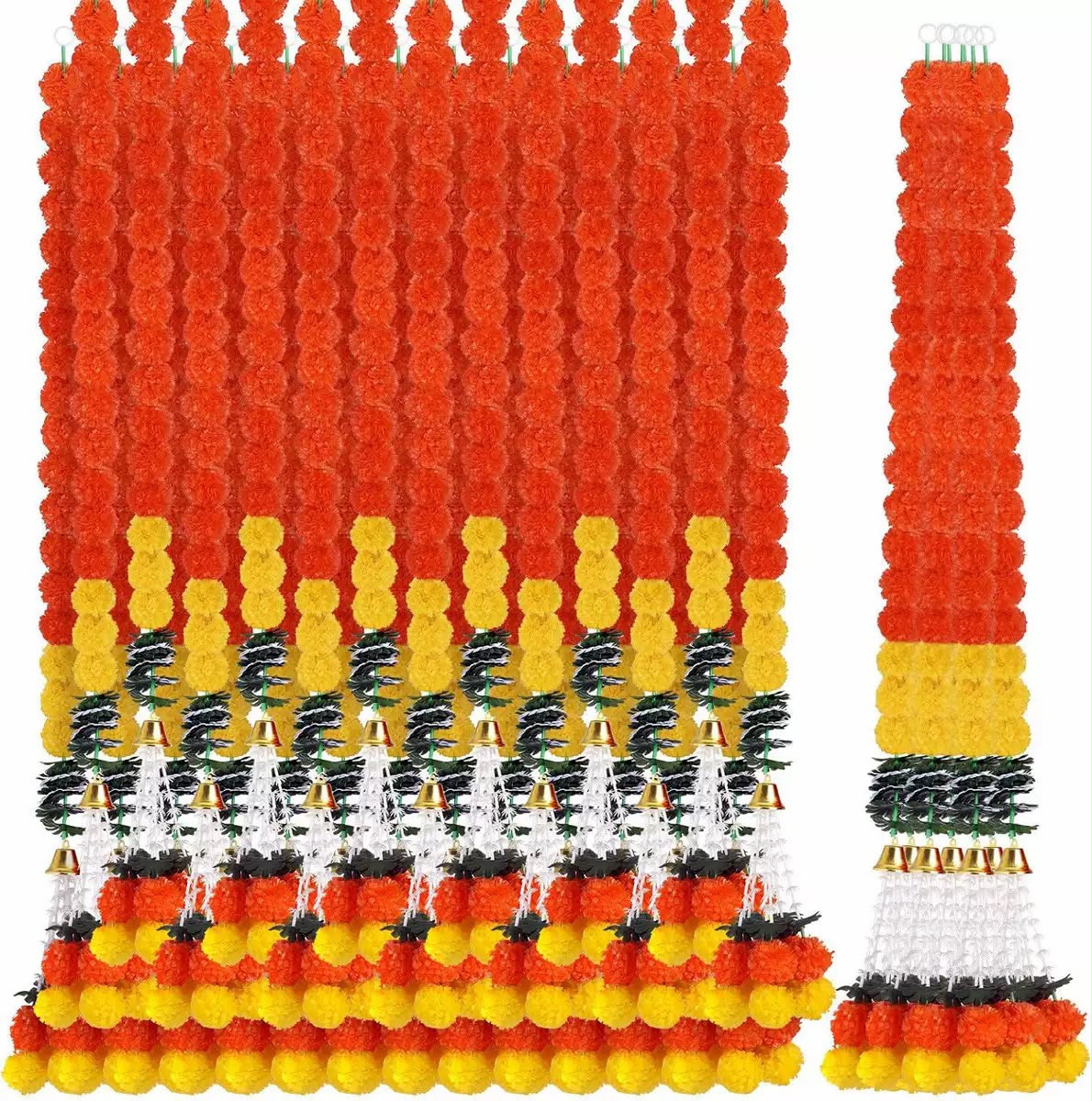 Indian Diwali Artificial Marigold Flower String with Bells and Green Leaves Decoration