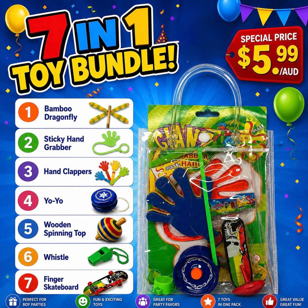 Boys Party Bag Fillers Bundle | 7-in-1 Kids Toy Party Favor Pack Australia