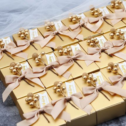 Elegant Gold Wedding Favour Box with Ribbon & Floral Accent(20pcs) Kids Party Bag Australia - KOI KOI INBOX