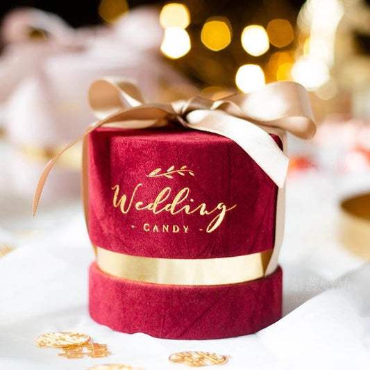 Luxury Velvet Wedding Candy Box with Gold Foil Detail & Ribbon – Premium Round Gift Favour Kids Party Bag Australia - KOI KOI INBOX